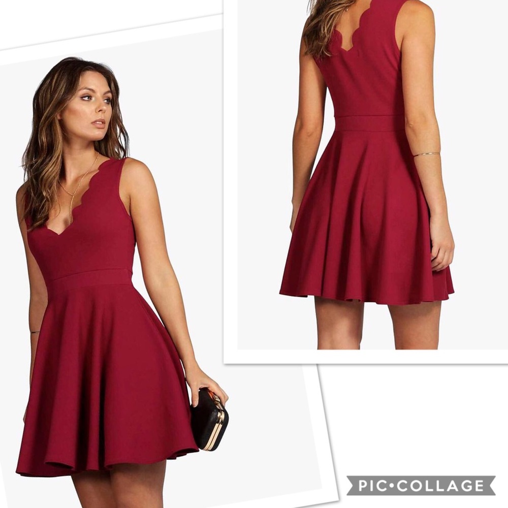 NWT Boohoo Scallop Plunge Skater Dress